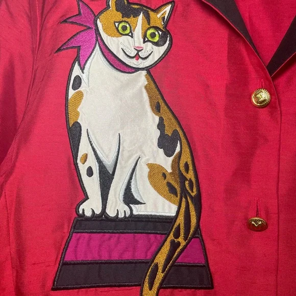 Bob Mackie Wearable Art Cat
Embroidered Silk Blouse Red Black
Button-Up M - Picture 6 of 11